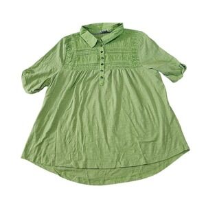 Sundance Womens XL Green Cotton Slub Pintuck Pleated Button Front Tunic Top